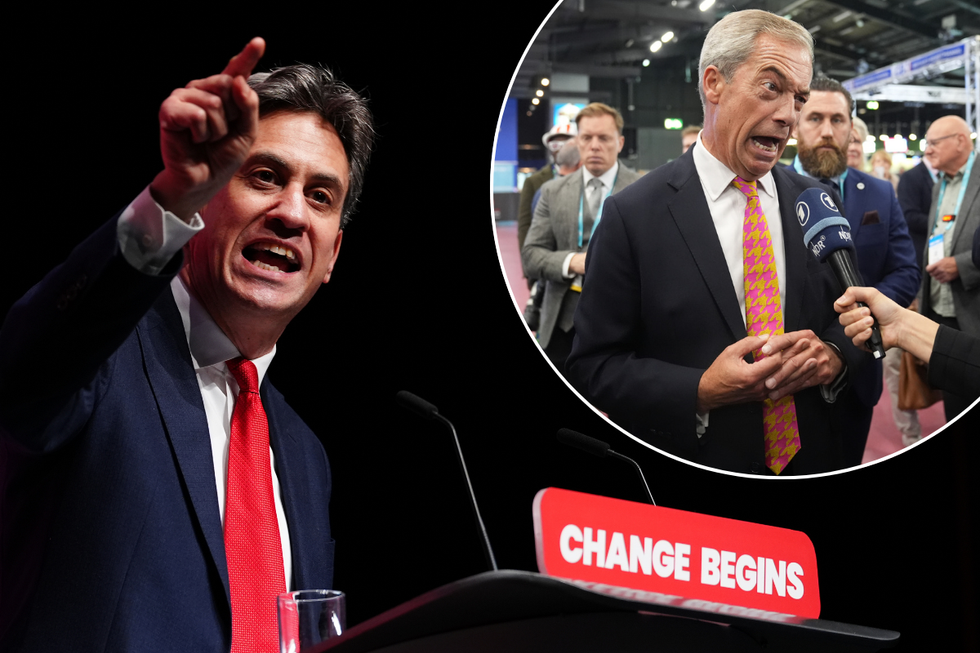 Energy Secretary Ed Miliband speaking at Labour Party conference in Liverpool last month. Inset image of Nigel Farage interviewed at Reform UK's party conference last month. 