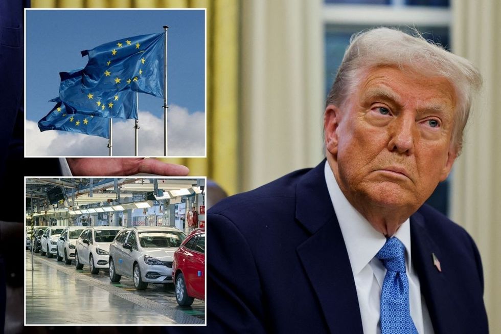 EU flags, a car production factory and President Donald Trump