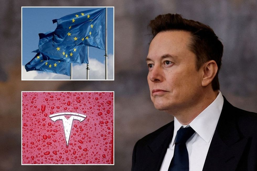 European Union flags, a Tesla logo and Elon Musk