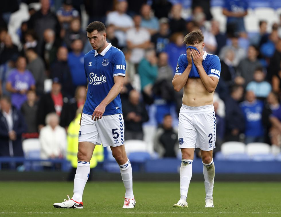 Everton players dejected following the Premier League match at Goodison Park, Liverpool