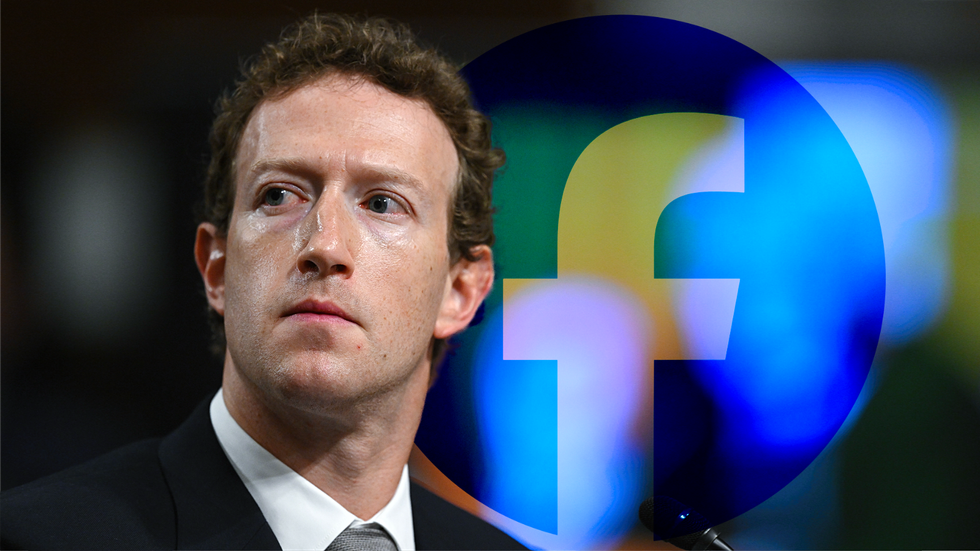 facebook ceo mark zuckerberg looking concerned with the facebook logo superimposed 