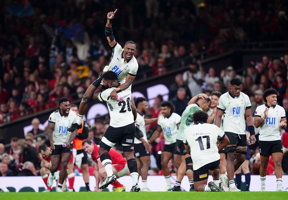 Fiji's Jiuta Wainiqolo celebrates their side's win after the Autumn international match at Principality Stadium