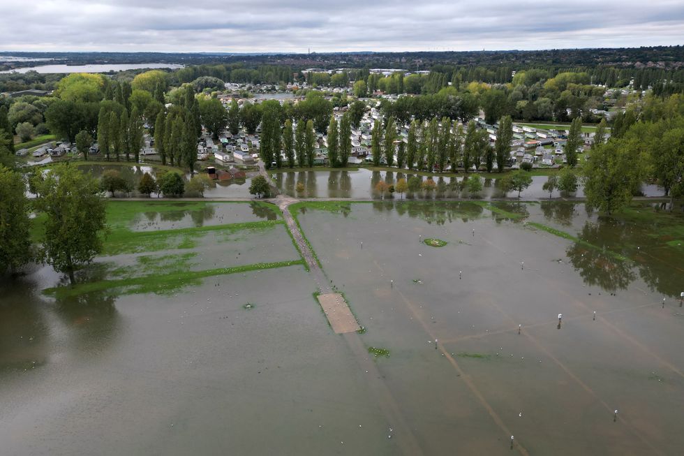 Floodwater covers parts of Billing Aquadrome holiday park, Northamptonshire,