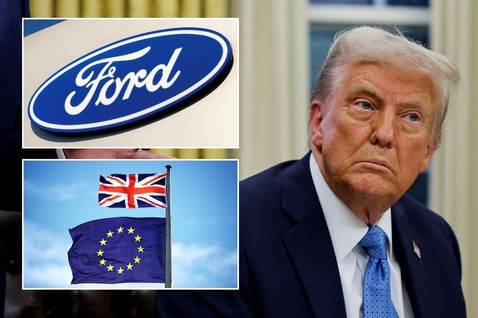 Ford logo, UK and EU flags and Donald Trump