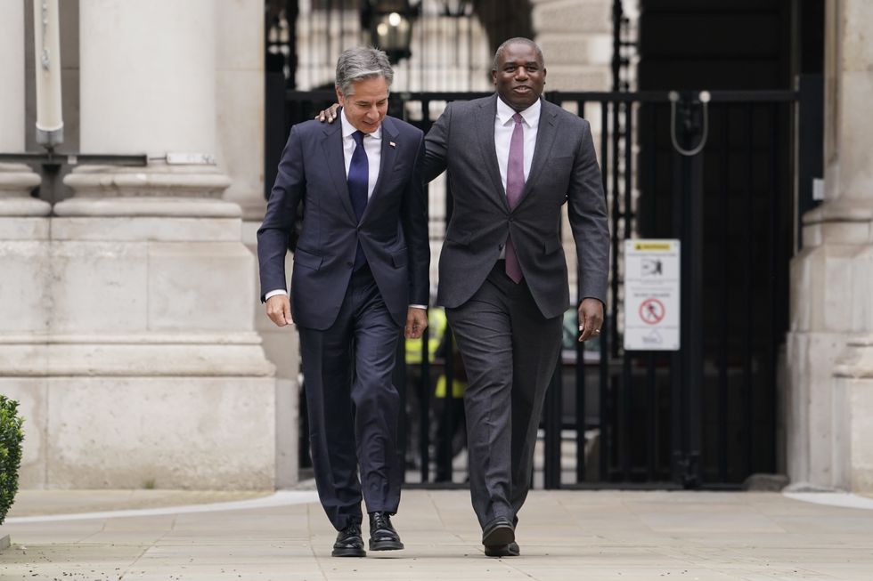 Foreign Secretary David Lammy (right) welcomes US Secretary of State, Anthony Blinken as he arrives for a meeting at the Foreign and Commonwealth Office (FCDO) in Westminster, London