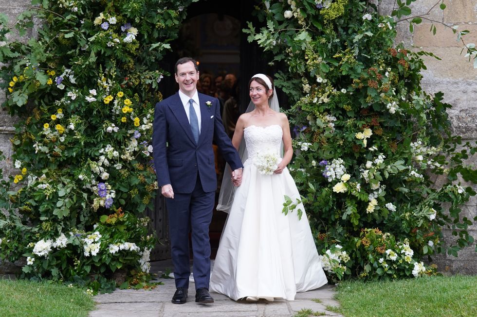 Former chancellor George Osborne with his wife and former adviser, Thea Rogers, outside St Mary's Church in Brunton, Somerset,