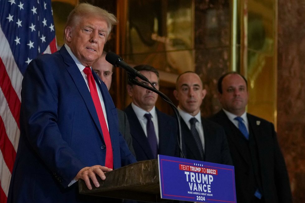 Former US. President Donald Trump speaks during a press conference at Trump Tower\u200b