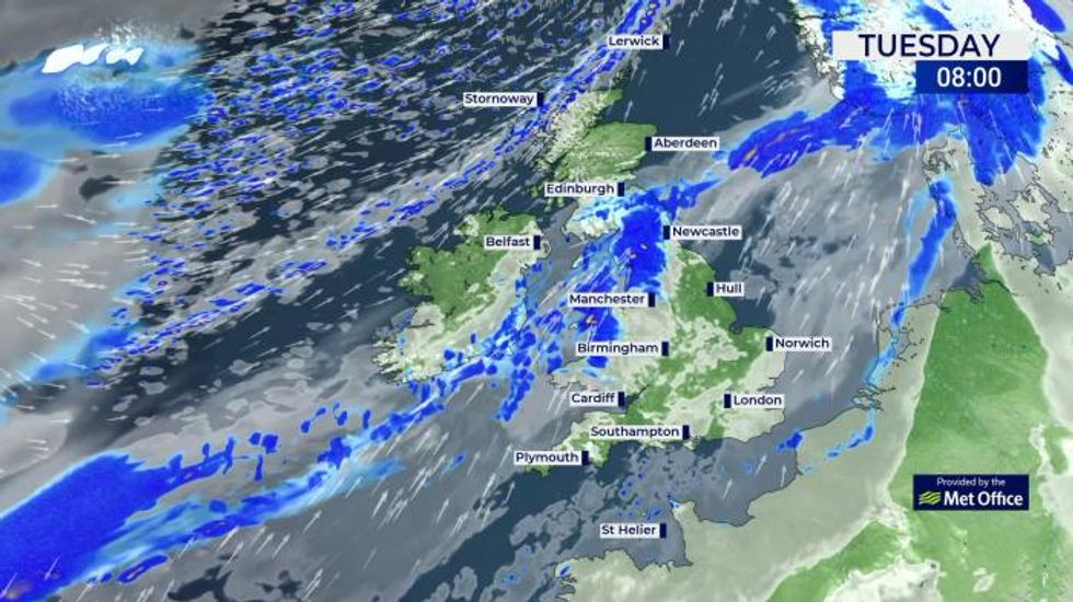 UK Weather: Rain across central areas, dry in south, showers in north