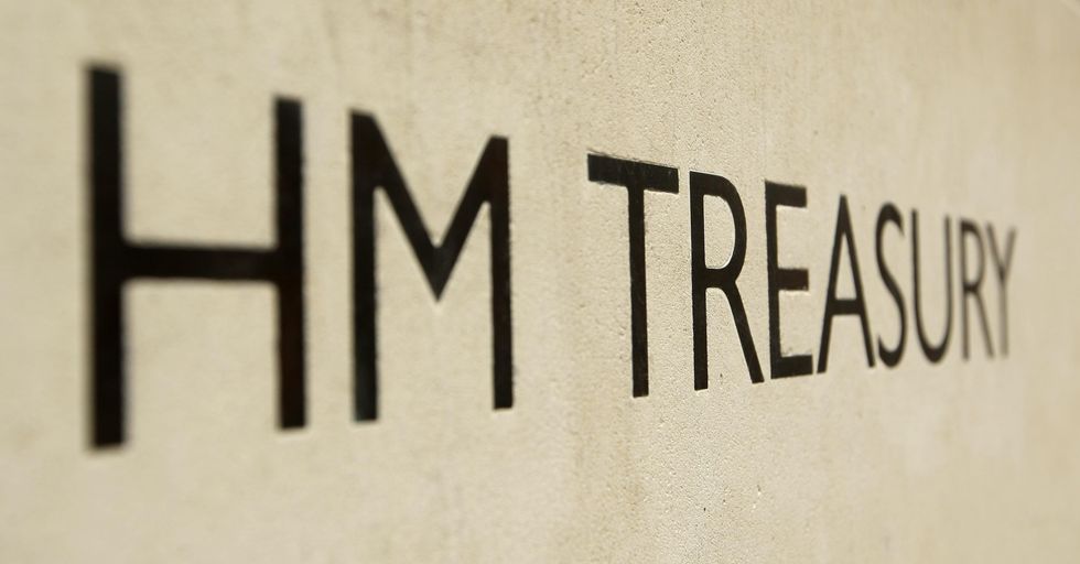 General view of the entrance to the HM Treasury building,