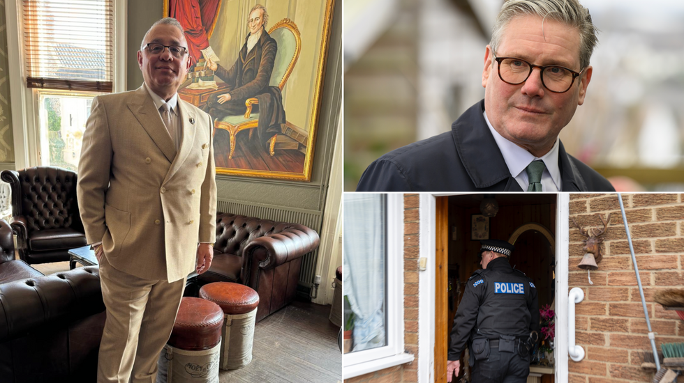 Gez Chetal (left), Keir Starmer (top right), police knocking on a person's door (bottom right)