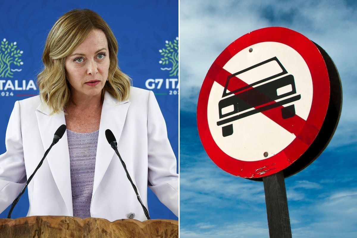 Giorgia Meloni and a car ban sign 