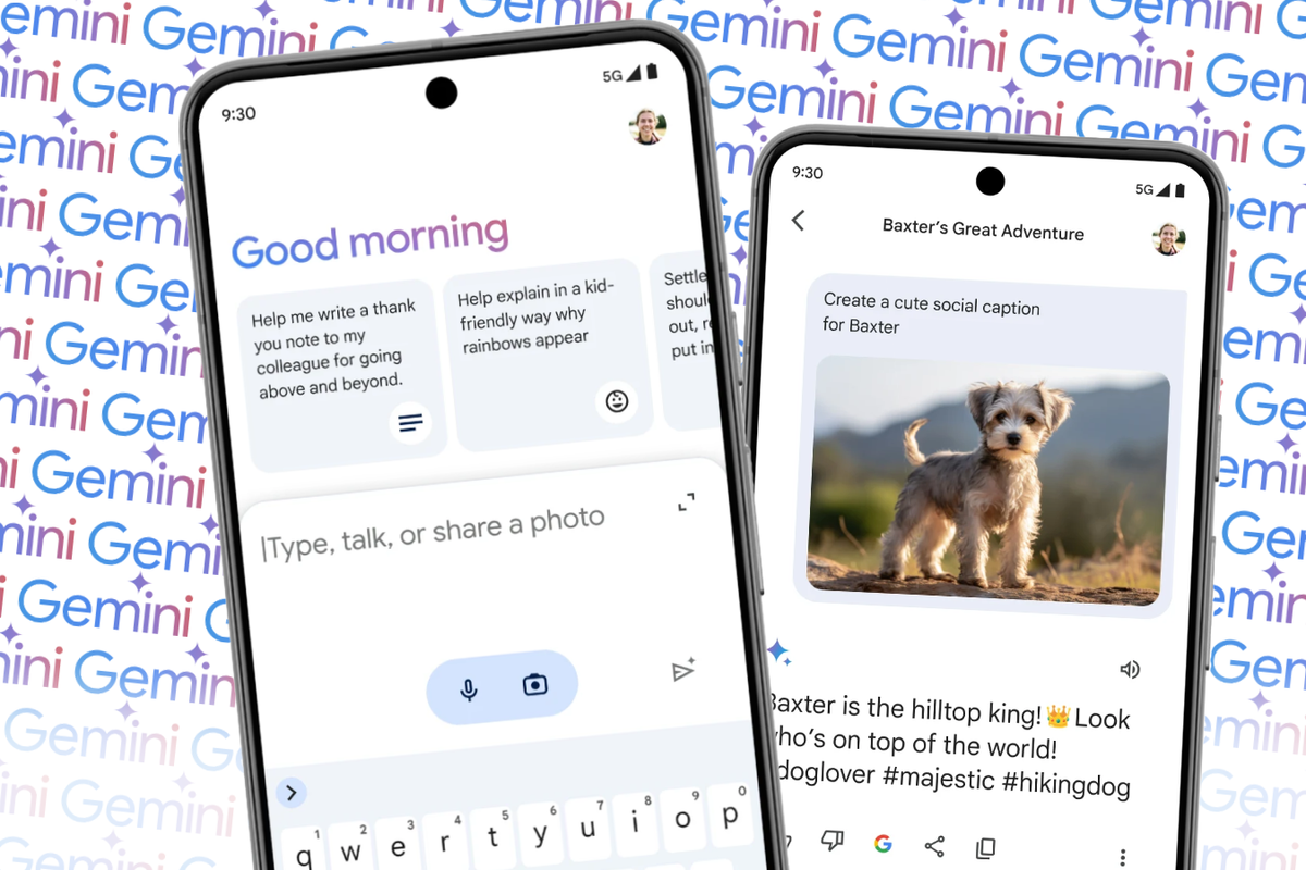 google gemini screenshots on android with the gemini AI logo repeated in the background 