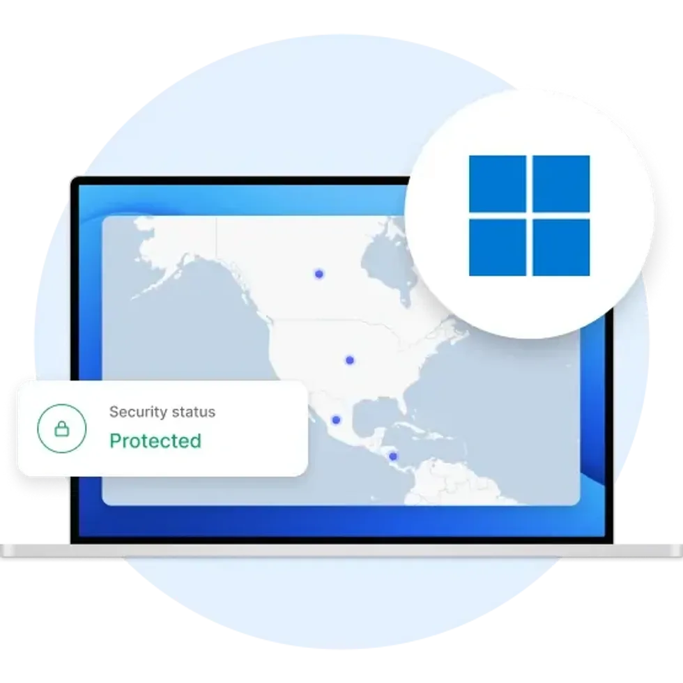 graphic showing the nordvpn app running on a laptop with the windows logo superimposed