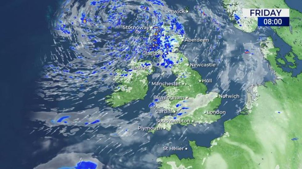 UK weather: Mostly dry in east with some rain or showers in west.