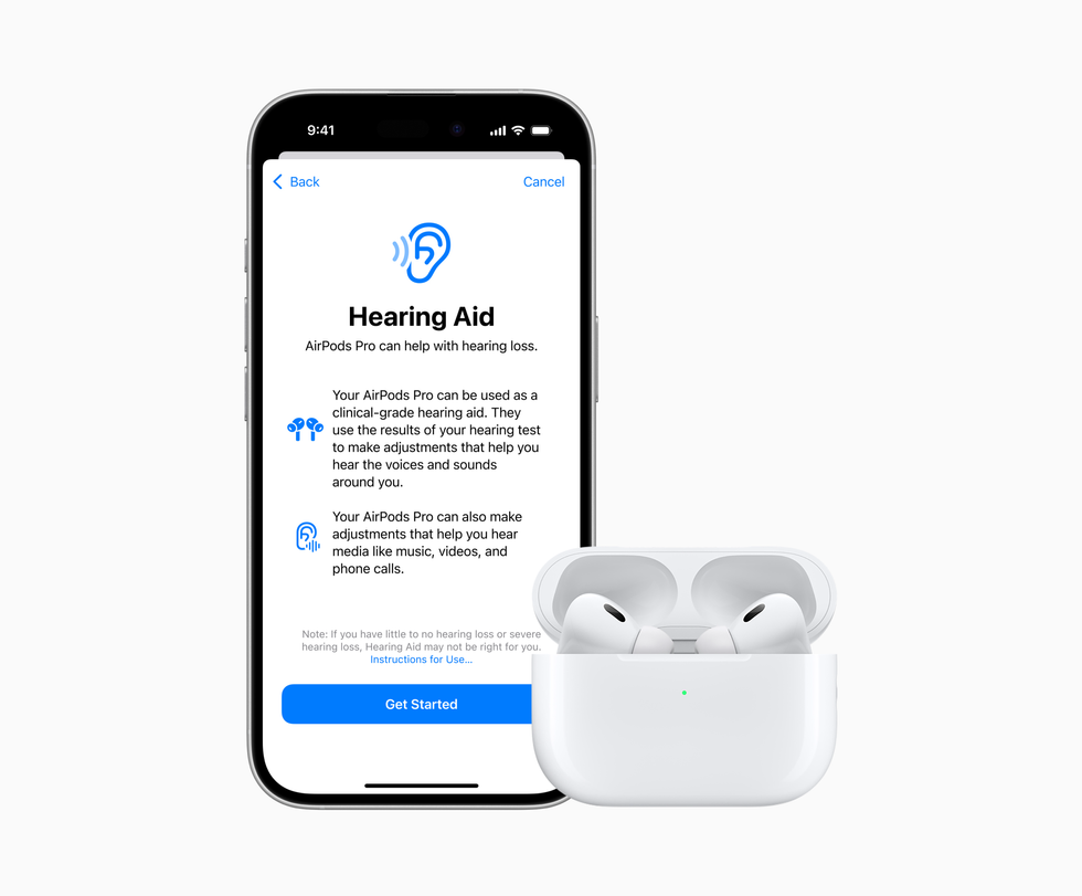 hearing aid introduction screen with the airpods pro 2 next to them