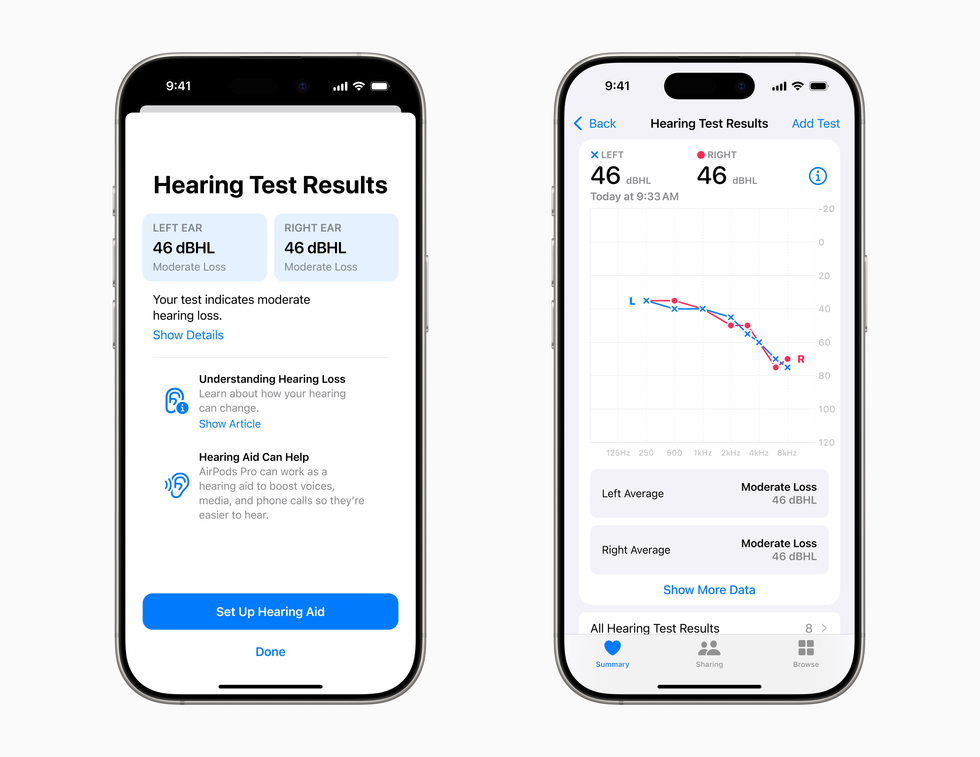 hearing aid test results shown on an iPhone side by side