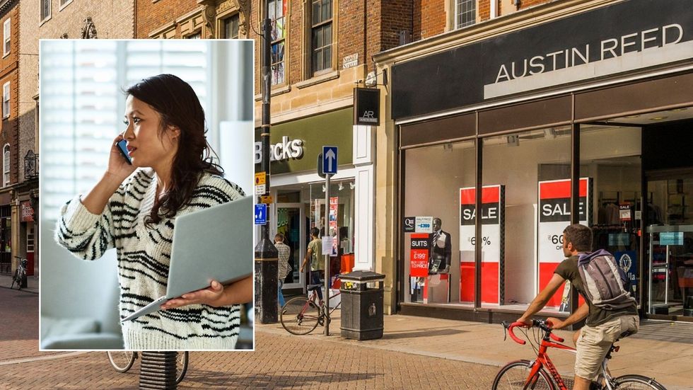 High street and woman looking shook