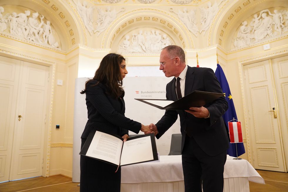 Home Secretary Suella Braverman and Austria's Interior Minister Gerhard Karner in Vienna, Austria