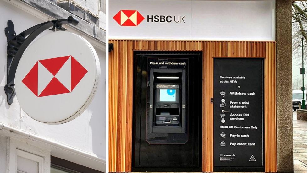 HSBC UK cash pod and logo outside bank branch