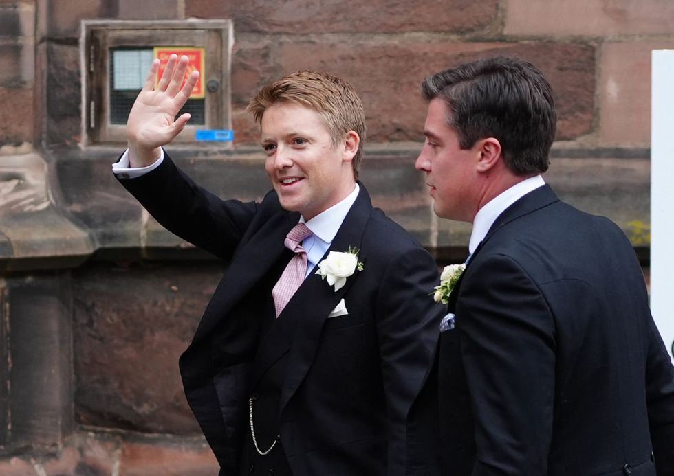 Hugh Grosvenor, the Duke of Westminster arrives at Chester Cathedral for his wedding to Olivia Henson.