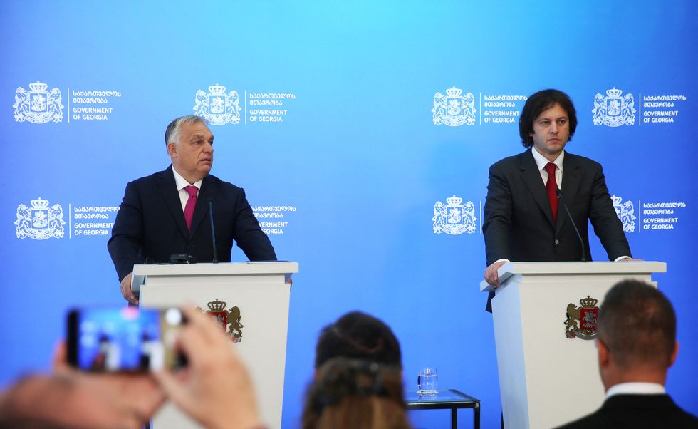 Hungarian Prime Minister Viktor Orban and Georgian Prime Minister Irakli Kobakhidze attend a joint press conference in Tbilisi