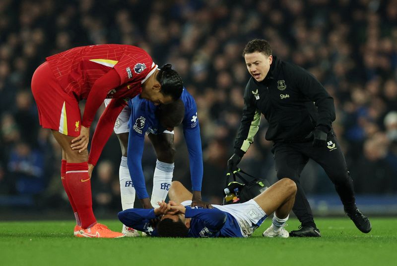 Everton star Iliman Ndiaye breaks down in tears after being forced off in  Merseyside derby