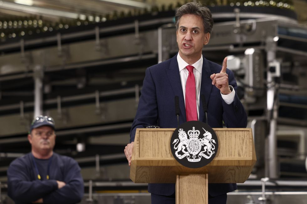 Image of energy secretary Ed Miliband speaking during a visit to a manufacturing facility in Chester