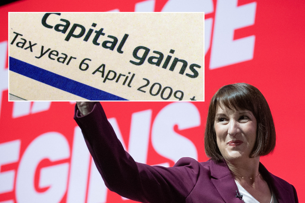 Image of the Chancellor, Rachel Reeves. Inset image of capital gains tax form.