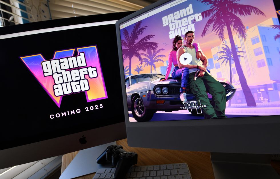 images from grand theft auto 6 trailer on computer screens with a ps5 controller visible