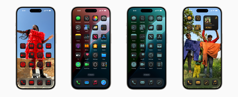 ios 18 shown in four different homescreen setups with different designs for the app icons