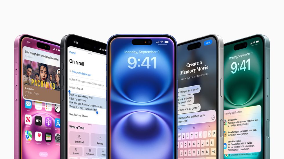 iphone 16 in all colour options with apple intelligence features shown on-screen