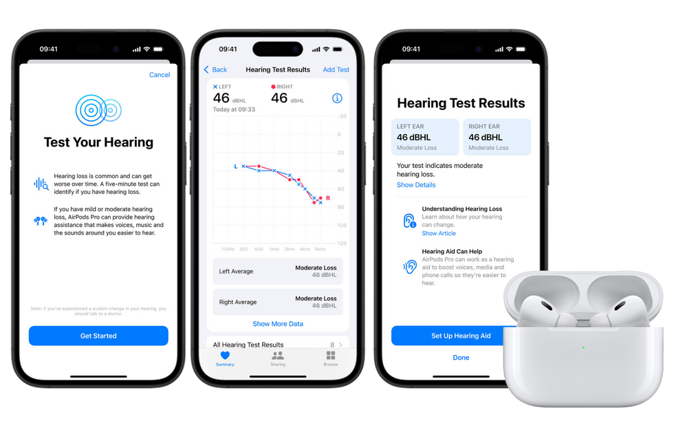 iphone screenshot of hearing aid test in health app with airpods pro pictured