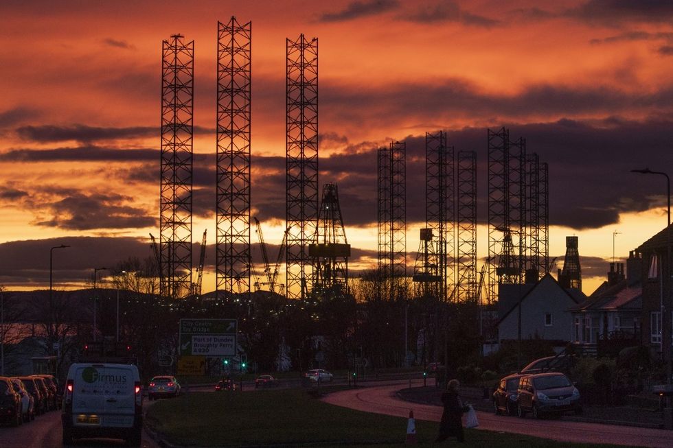 Jackup rigs, used in the North Sea oil and gas industry at the Port of Dundee in the Firth of Tay