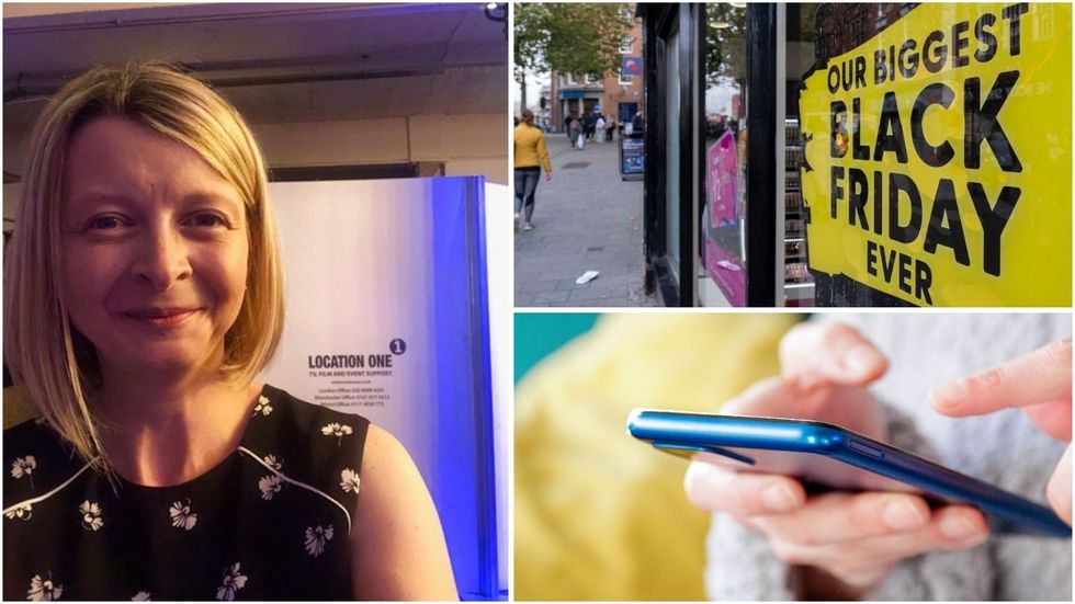 Jane Hawkes, Black Friday sign and person on phone