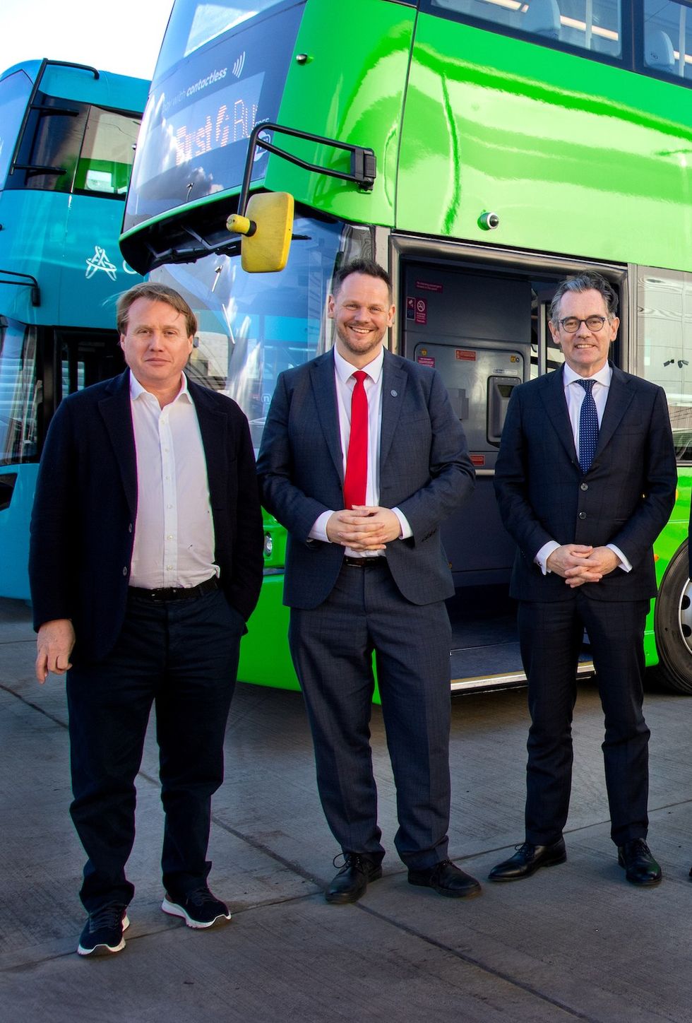 Jo Bamford, Chairman of Wrightbus, Simon Lightwood MP, and Jean-Marc Gales, CEO of Wrightbus