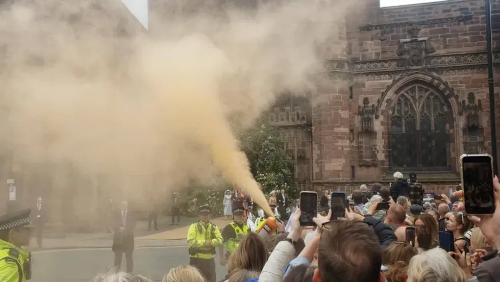 Just Stop Oil protestors set off orange smoke at the Duke Of Westminster's wedding