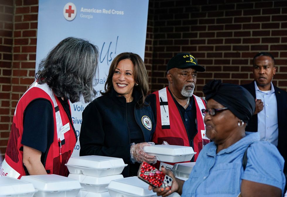 Kamala Harris helps out at a food distribution centre in Augusta, Georgia,