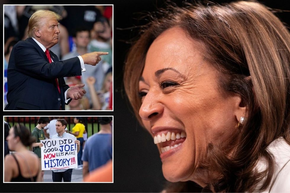 Kamala Harris with insets of Donald Trump and a Joe Biden supporter outside the White House