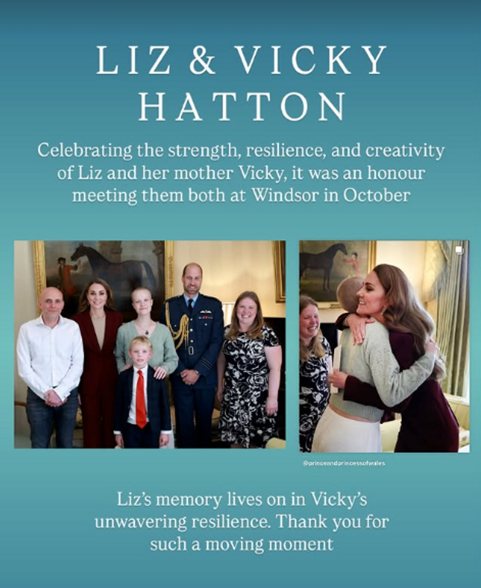 Kate Middleton and Prince William praised Liz Hatton and Vicky Robayna for their 'strength, resilience and creativity'