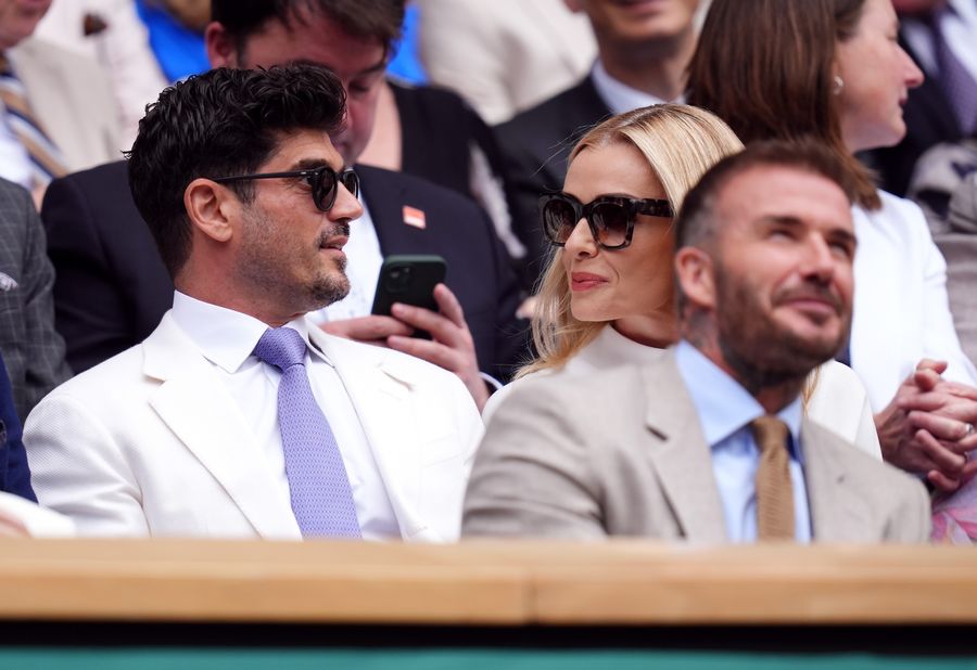 Katherine Jenkins and Andrew Levitas in the royal box on centre court on day one of the 2024 Wimbledon Championships at the All England Lawn Tennis and Croquet Club, London