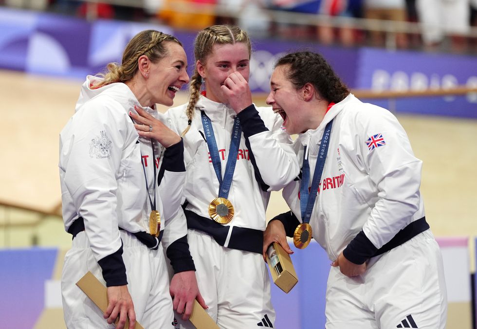 Katy Marchant, Emma Finucane and Sophie Capewell with gold medals