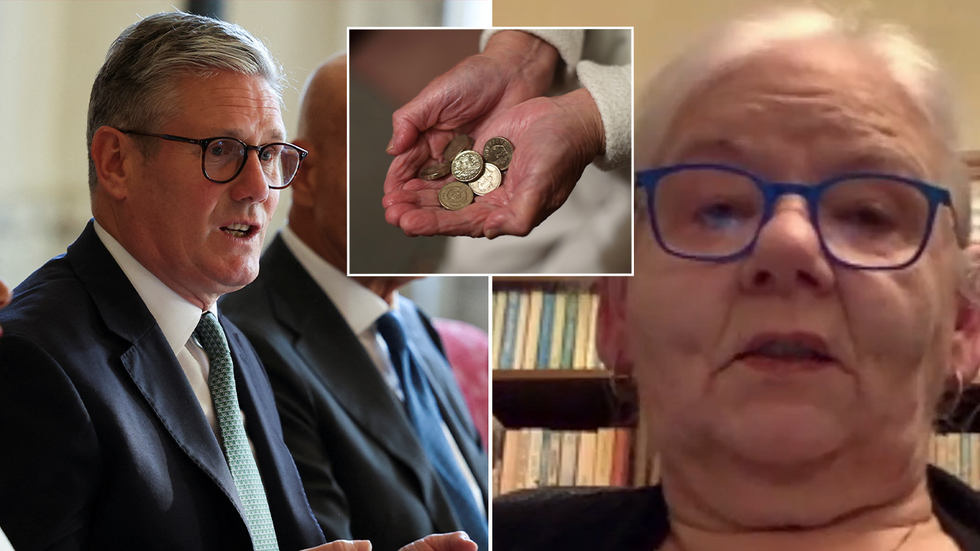 Keir Starmer, a pensioner holding coins and Sue Ashcombe-Hurt