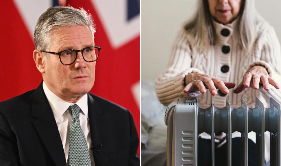 Keir Starmer and pensioner sits by electric heater