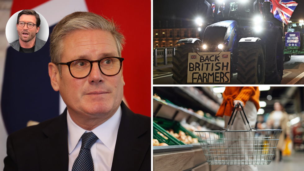 Keir Starmer (left), farmers' protest (top right), supermarket (bottom right)