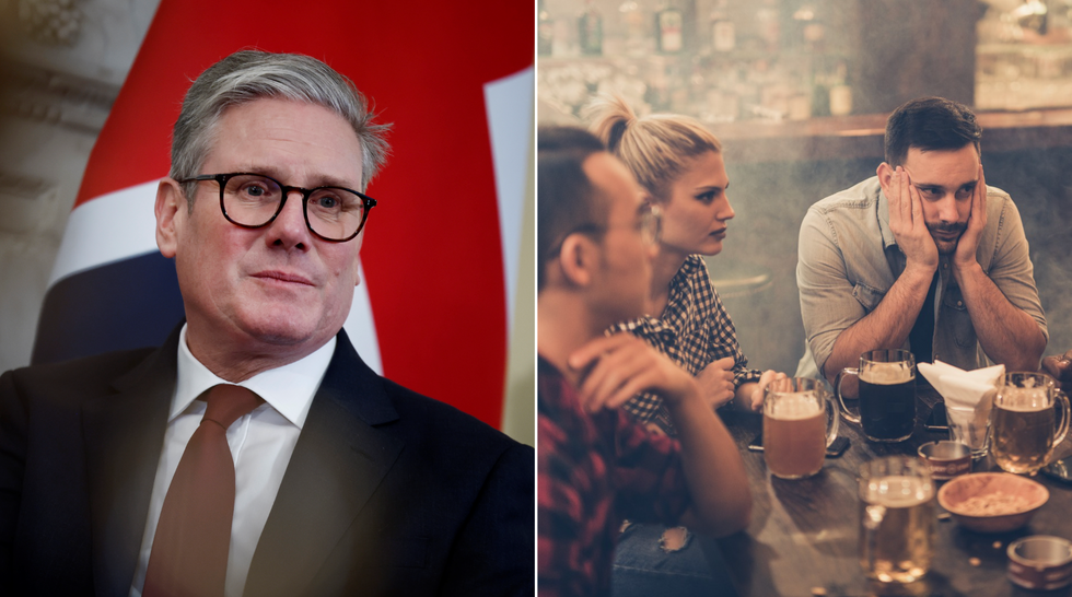 Keir Starmer (left), pub conversation (right)