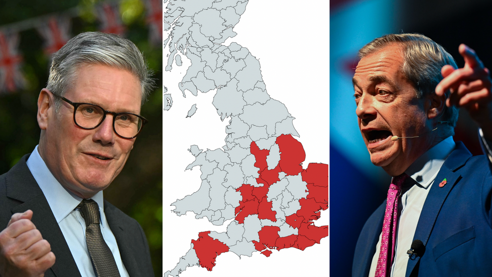 Keir Starmer (left), UK county map (middle), Nigel Farage (right)