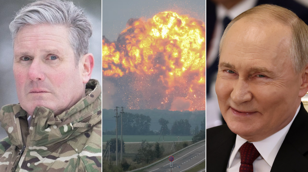 Keir Starmer (left), Ukraine explosion (centre), Vladimir Putin (right)