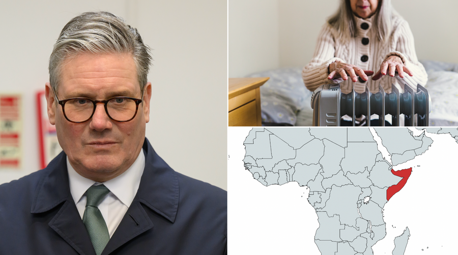 Keir Starmer (left), woman warming hands on radiator (top right), Somalia on a map (bottom right)