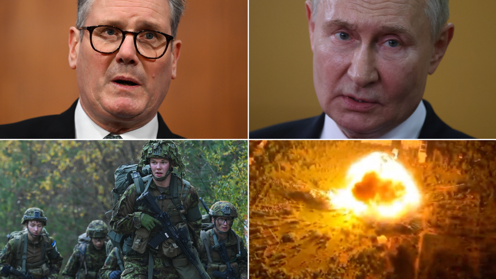 Keir Starmer (top left), Vladimir Putin (top right), military drill (bottom left, large explosion in Russian-occupied Makiivka (bottom right)