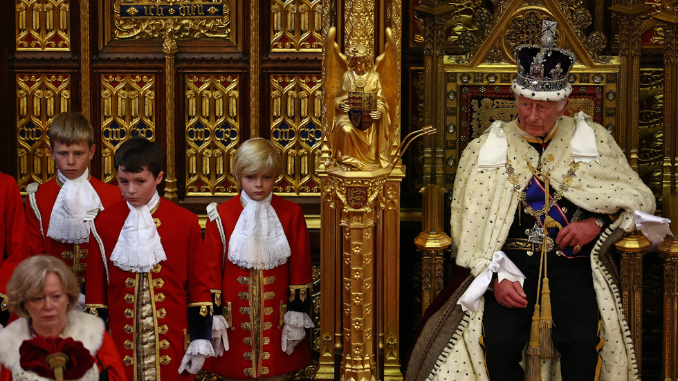 King Charles III waits to read the King's Speech in the House of Lords Chamber